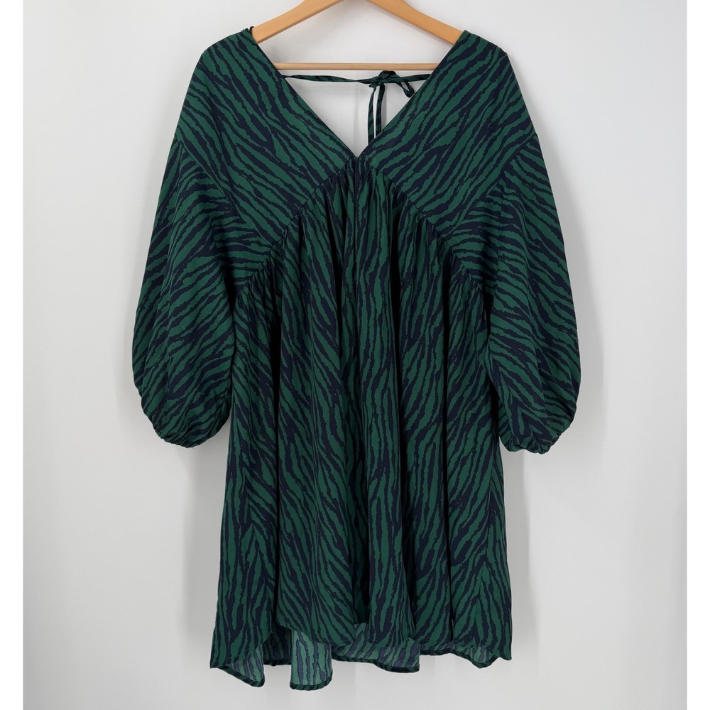 Umgee USA Green Navy Zebra Print Babydoll Mini Dress V-Neck Balloon Sleeve L5717